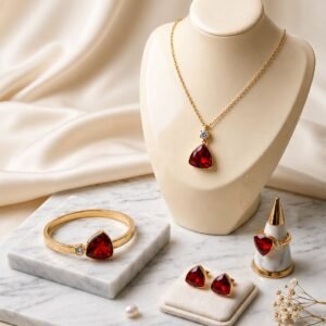 Set con piedras rojas en forma triangular