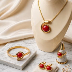 Set dorado con piedra roja ovalada